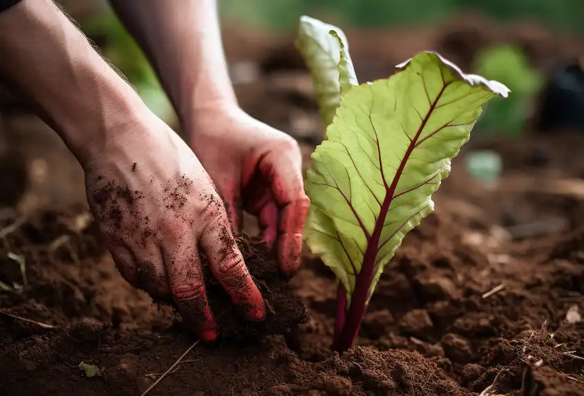 Techy Guru place a rhubarb leaf in the soil