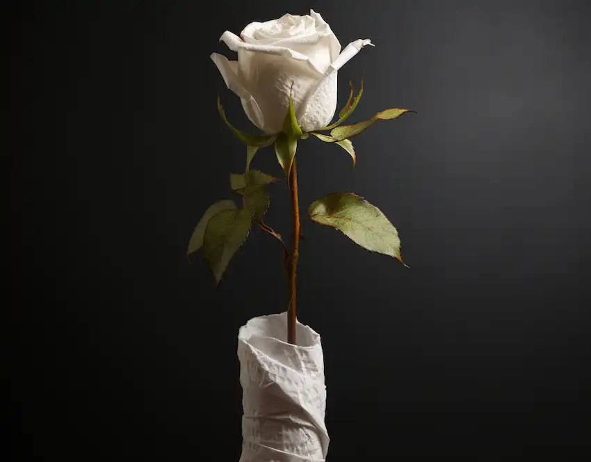 rose stem wrapped in toilet paper