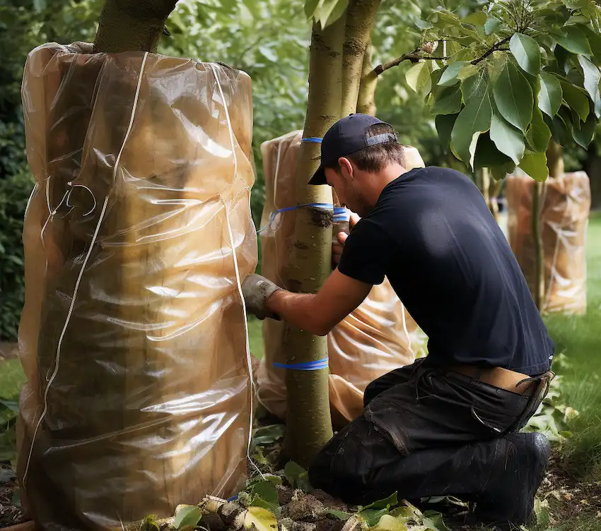wrapping the tree trunks