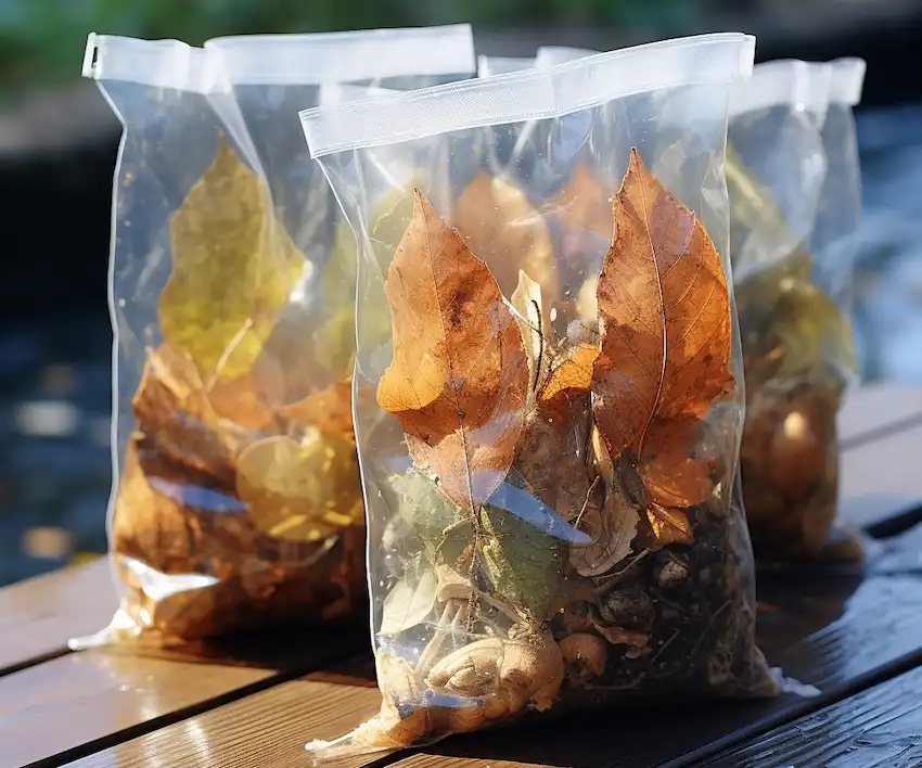 dry leaves in plastic bags