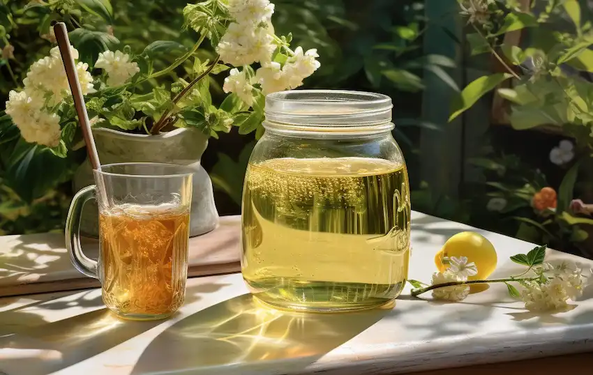 Techy Guru jar of honey on the table in the garden