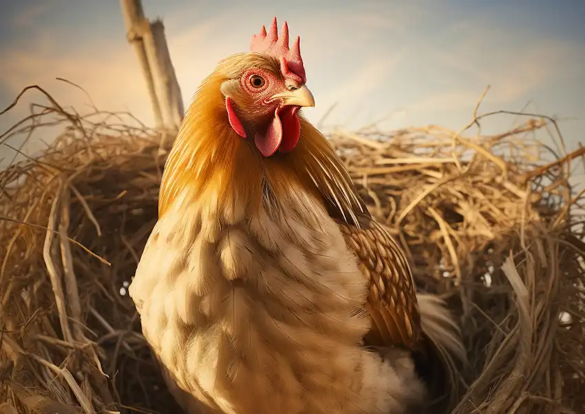 a hen sitting on the nest