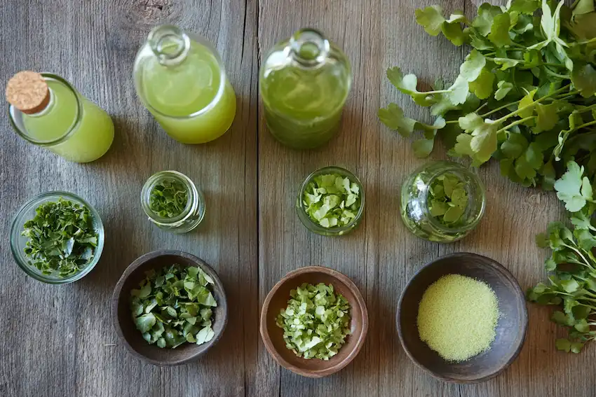 Techy Guru a set of small glass bottles and bowls arranged neatly on a rustic wooden table