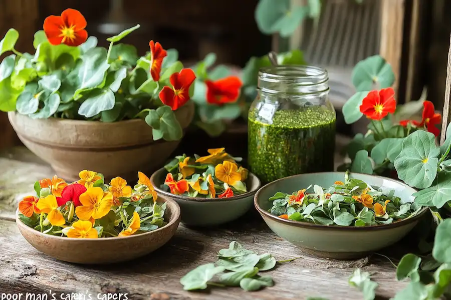 Techy Guru kitchen table with fresh nasturtium flowers leaves and seeds