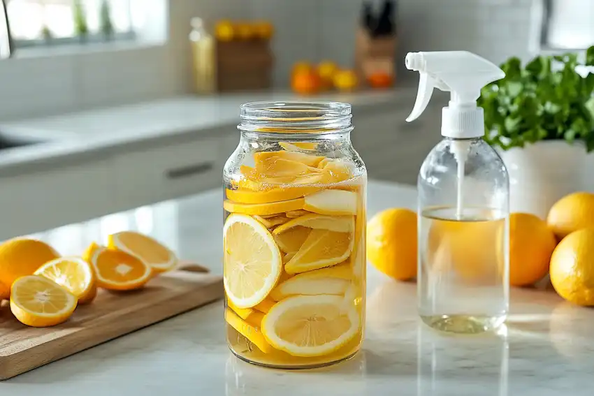 Techy Guru lemon and orange peels submerged in vinegar