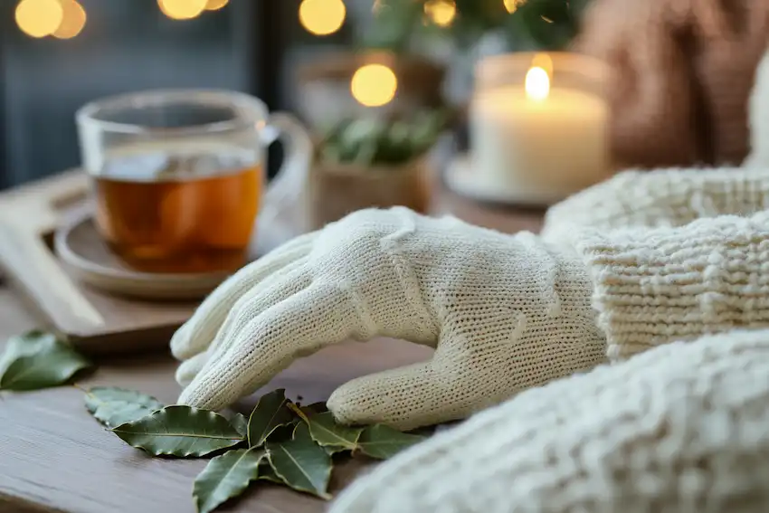 Techy Guru tranquil scene featuring a person relaxing in a cozy living room with their hand wrapped in a glove