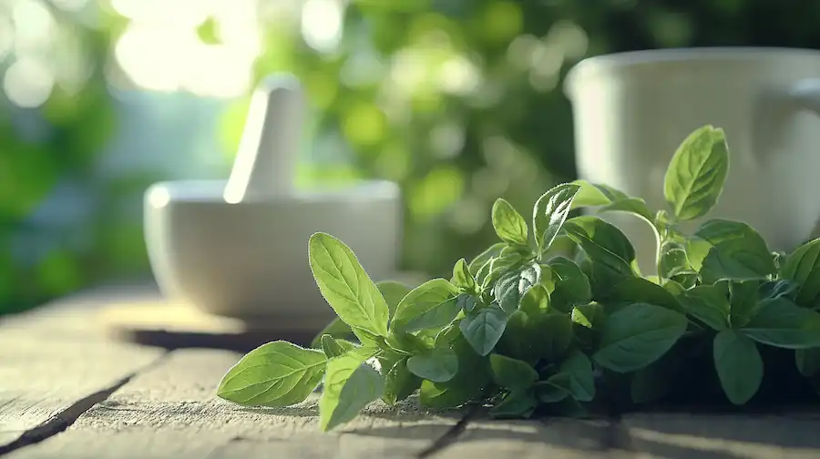 a close up shot of fresh oregano leaves on a wooden surface