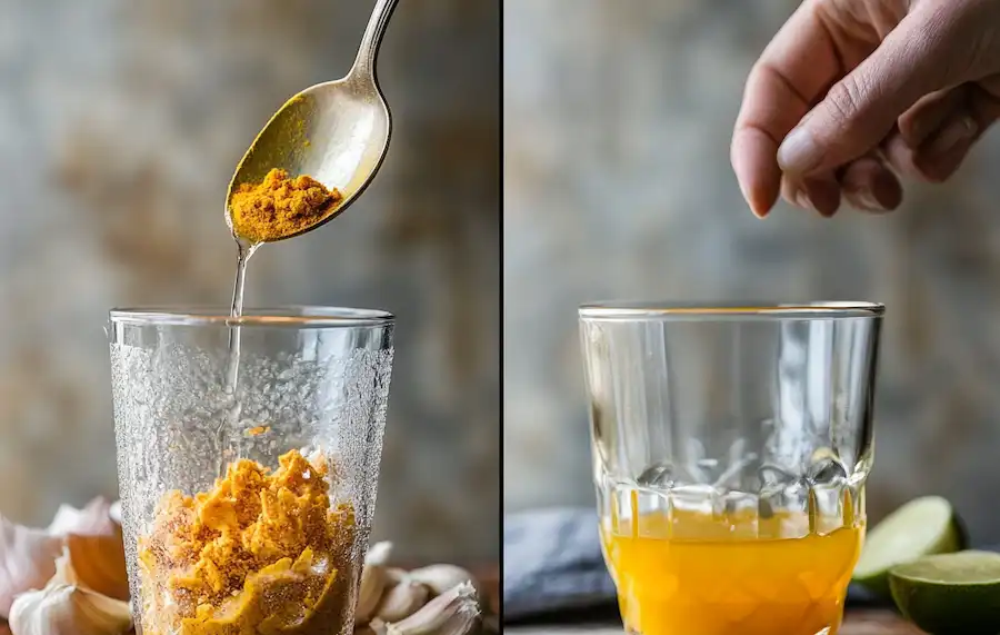 Techy Guru crushed garlic grated turmeric and lime juice being mixed into a glass