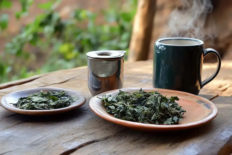 Techy Guru herbal tea setup featuring a steaming cup of kyllinga brevifolia tea