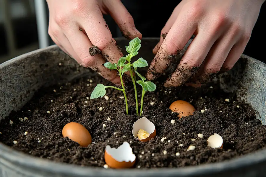 Techy Guru planting a tomato seedling deeply into the soil