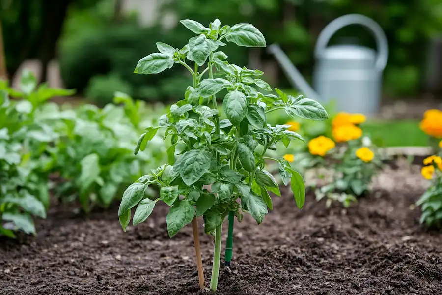 Techy Guru tomato plant with a sturdy stake and lush green leaves